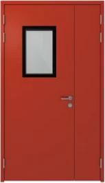 Red single-leaf cleanroom steel door with a rectangular vision panel